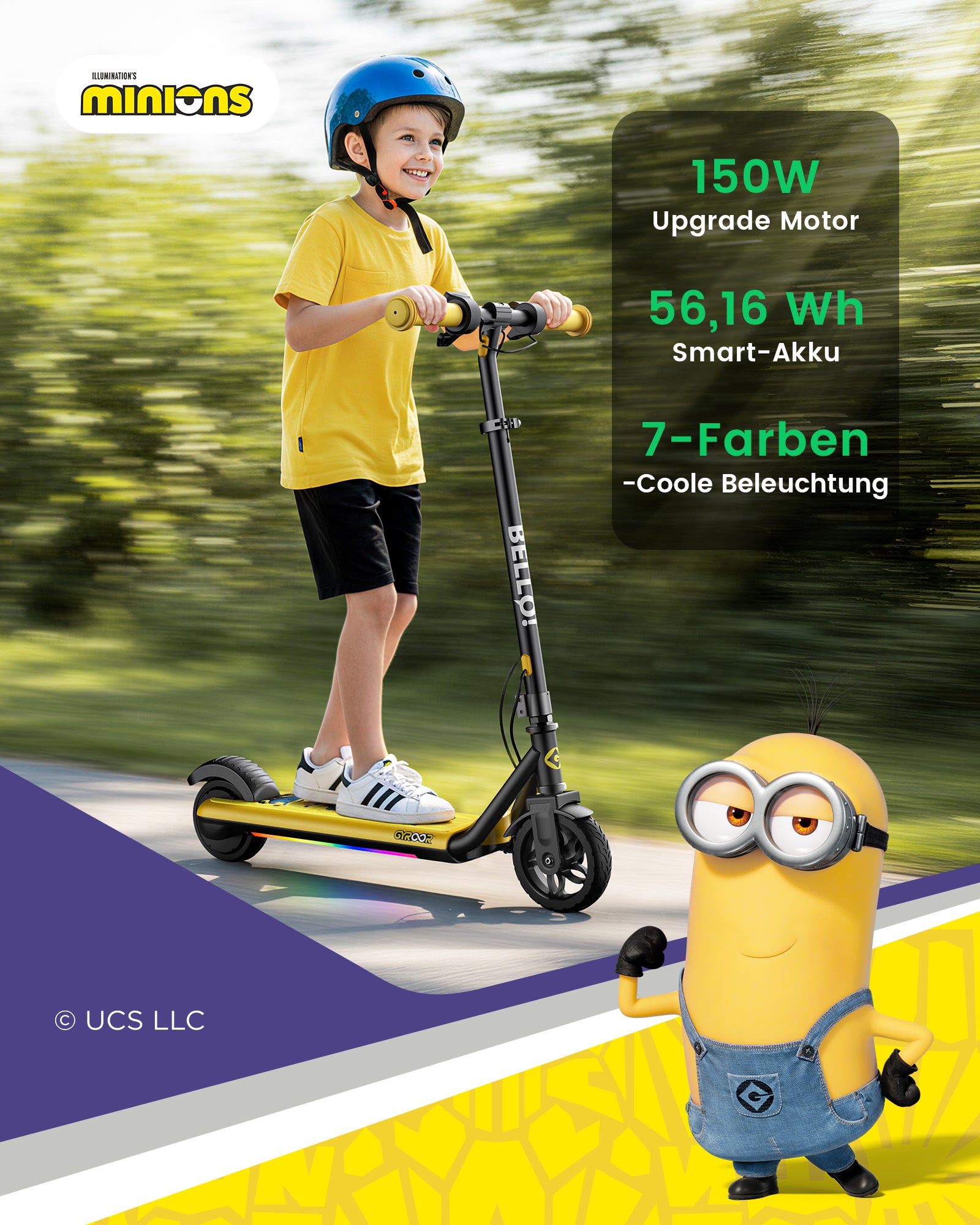 Minions | Gyroor Kinder-Elektroroller 180W mit einstellbarer Höhe und Geschwindigkeit