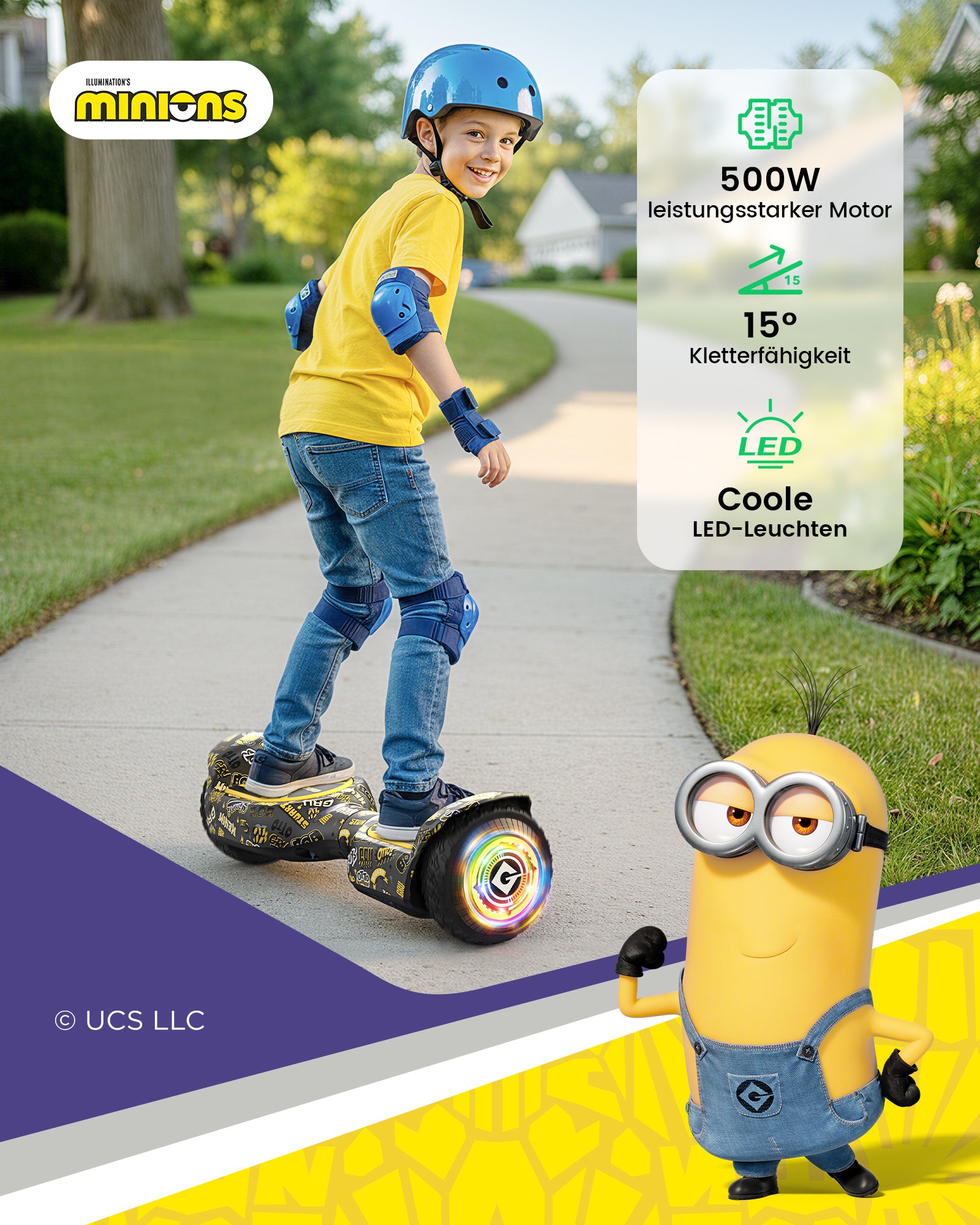 Minions | Gyroor Offroad-Hoverboard 500 W mit LED-Leuchten und Bluetooth für Kinder im Alter von 6 bis 12 Jahren