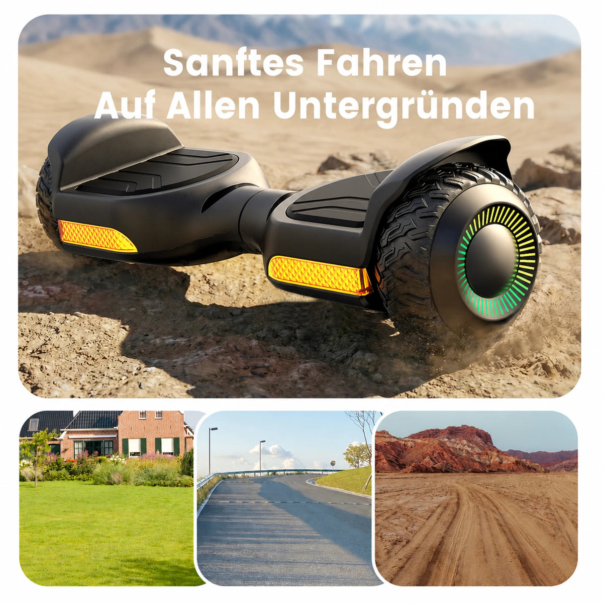 Gyroor G13 Hoverboard für Kinder auf verschiedenen Untergründen wie Straße, Rasen und Gelände