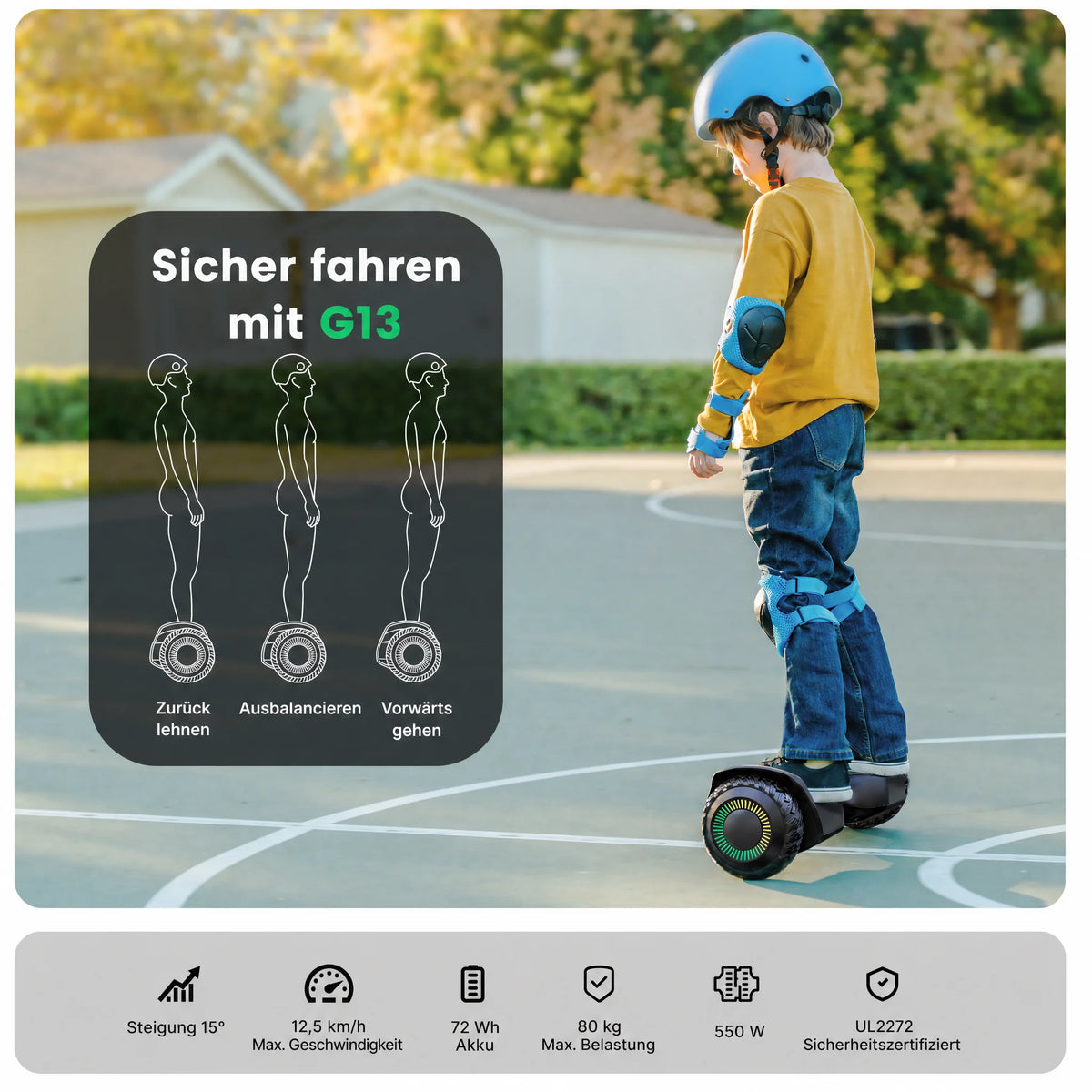 Kind fährt Gyroor G13 Hoverboard mit 550 W Motor, 12,5 km/h und 72 Wh Akku