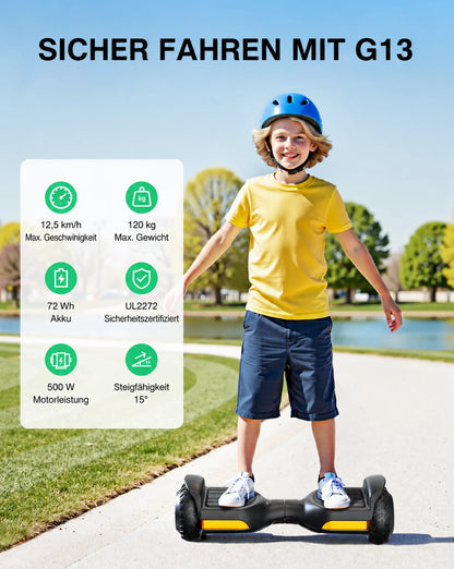 Kind fährt Gyroor 500 W Selbstbalancier-Roller mit K1 Sitzaufsatz und Sicherheitsfunktionen